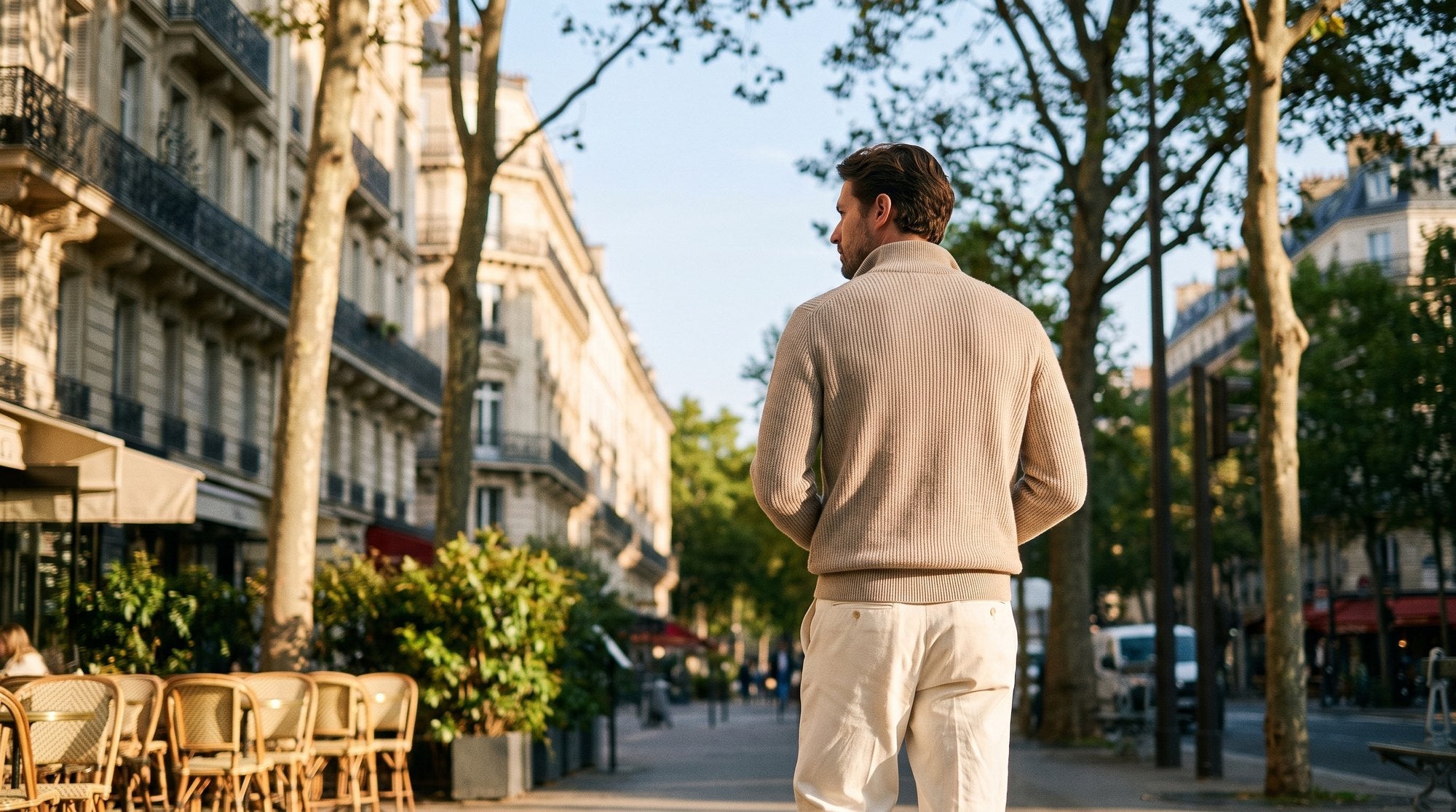 A man in a beige quarter-zip knit walking a sunlit Parisian boulevard past cafe terraces