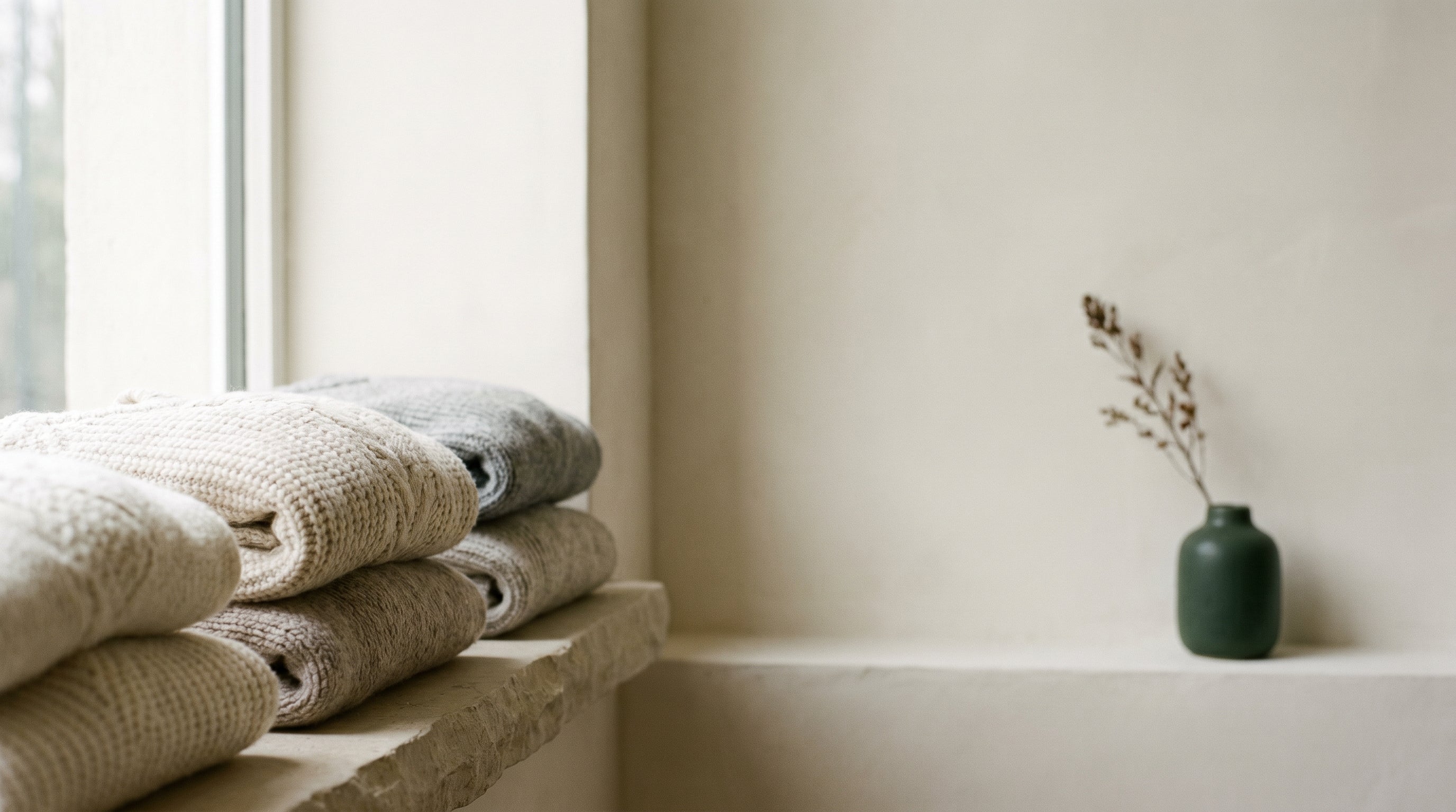 A stack of folded knitwear on a stone windowsill in soft daylight