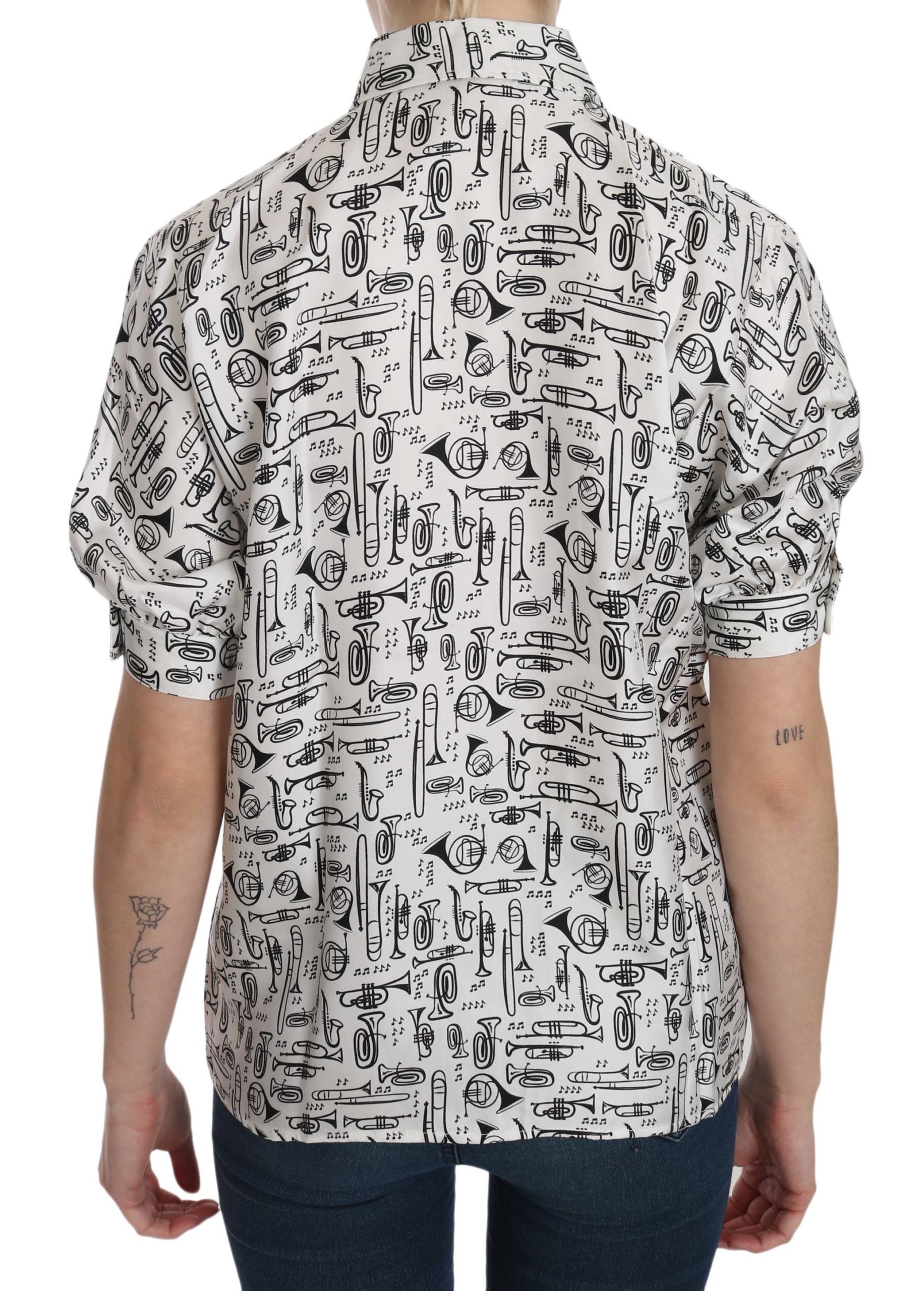 White Musical Instrument Collared Blouse Shirt
