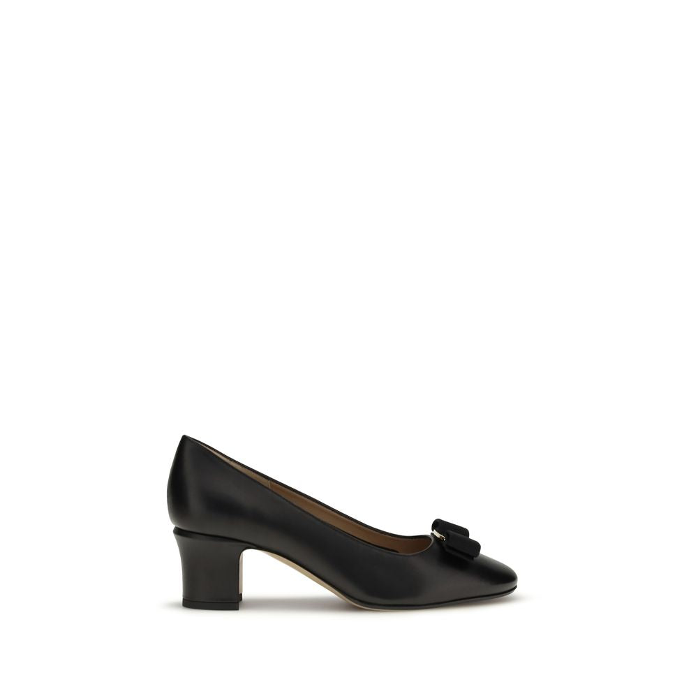 Ferragamo Black Calf Leather Mid Heel Pumps
