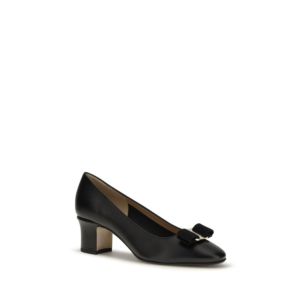Ferragamo Black Calf Leather Mid Heel Pumps