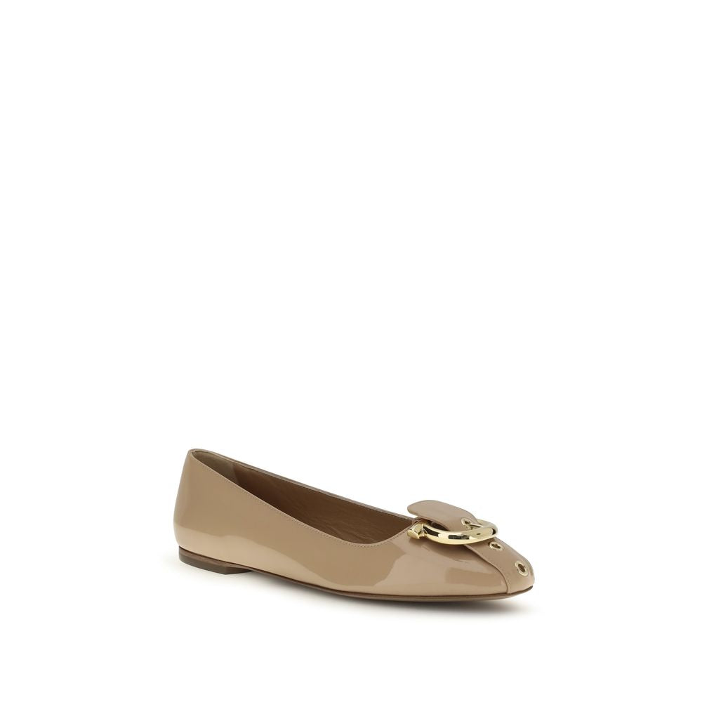 Ferragamo Beige Calf Leather Ballet Flats