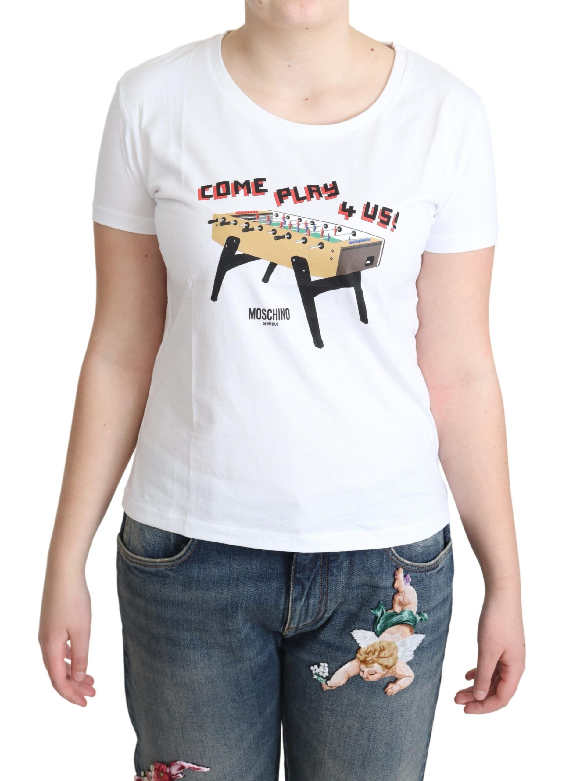 Moschino White Cotton Come Play 4 Us Print T-shirt