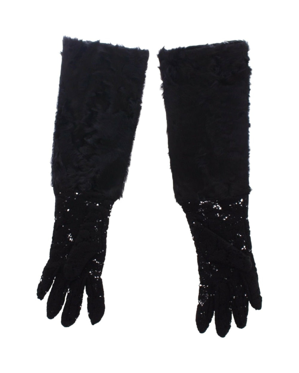 Dolce & Gabbana Black Lace Wool Lambskin Fur Elbow Gloves