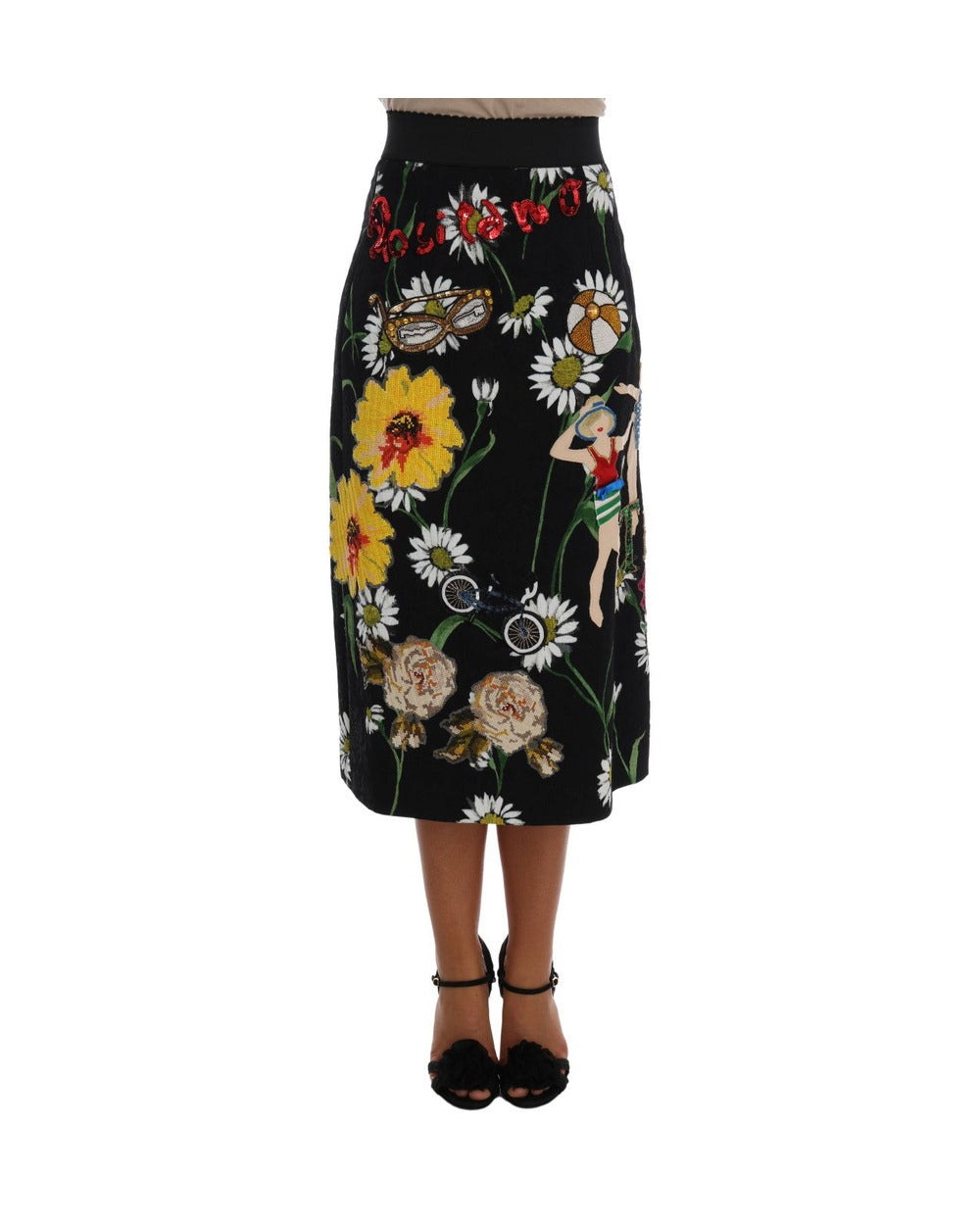 Dolce & Gabbana Black Embellished Daisy Brocade Skirt