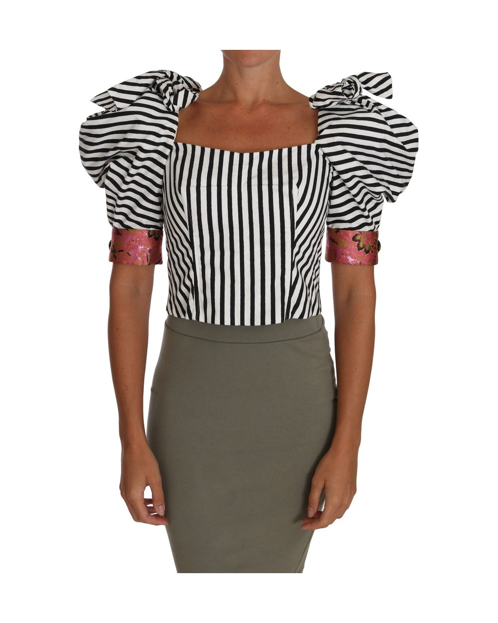 Dolce & Gabbana White Black Striped Cropped Top Puff Sleeve Shirts