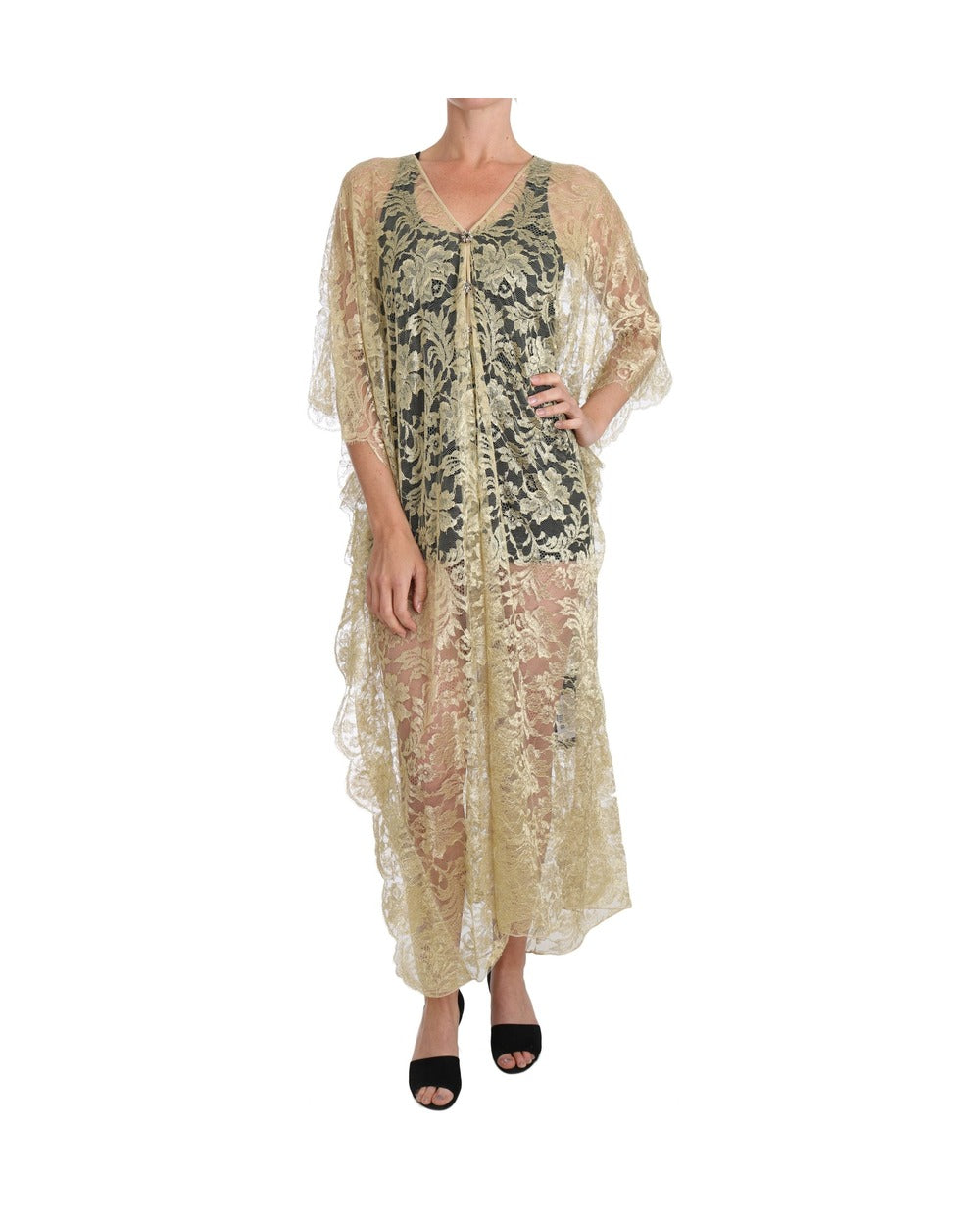 Dolce & Gabbana Gold Floral Lace Crystal Gown Cape Dress