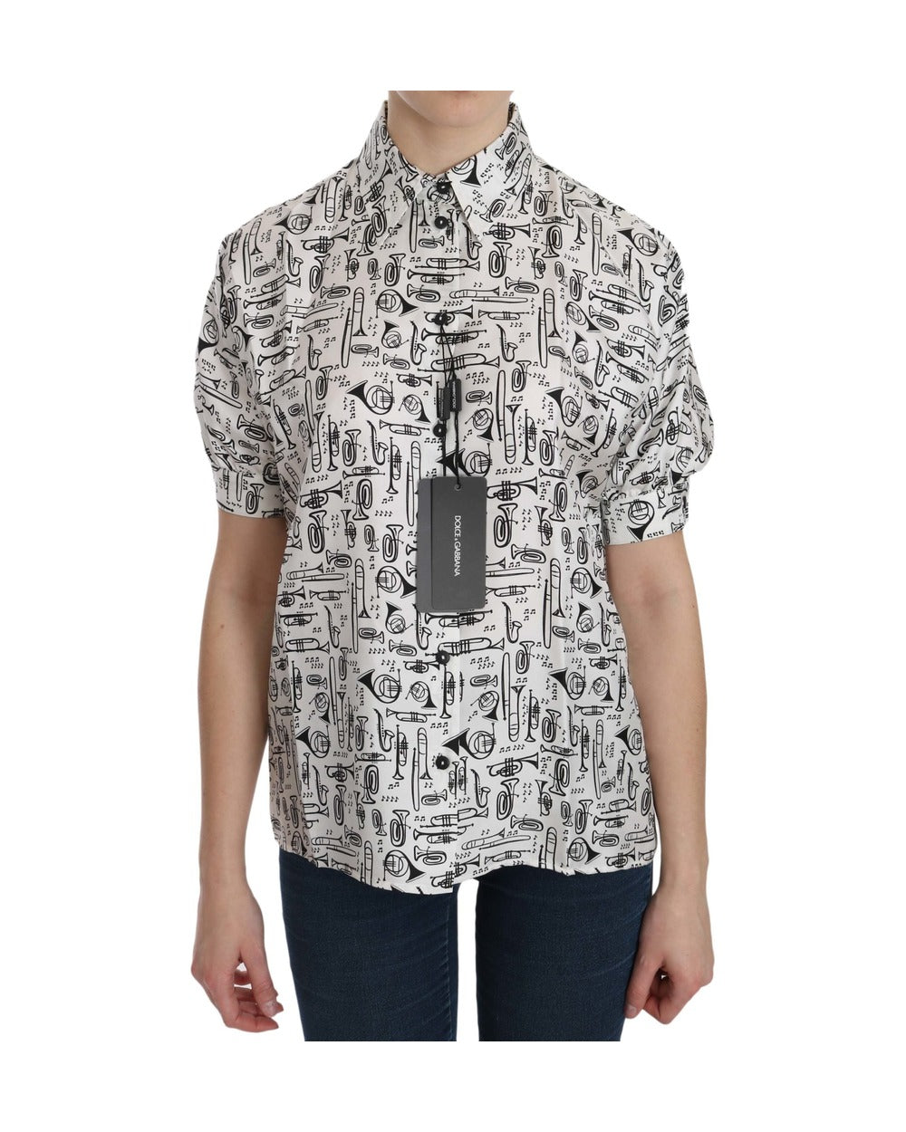 Dolce & Gabbana White Musical Instrument Collared Blouse Shirt