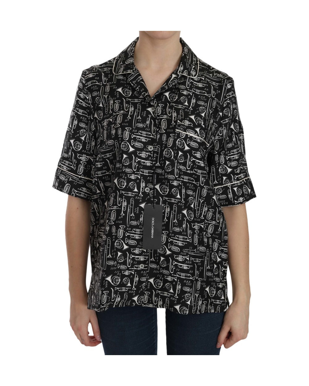 Dolce & Gabbana Black Musical Instrument Print Silk Top