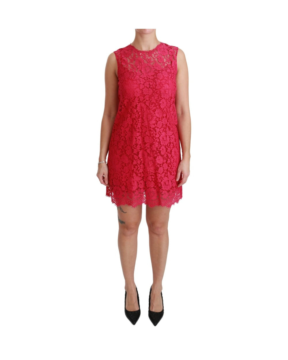Dolce & Gabbana Pink Floral Lace Shift Gown Mini Dress