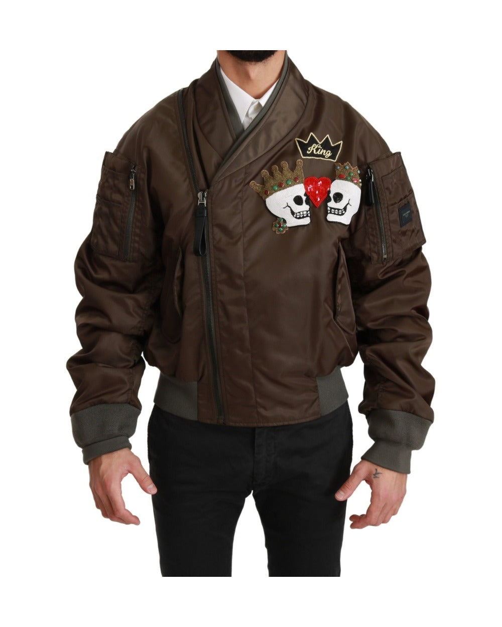 Dolce & Gabbana Brown Beaded Crown Skull Logo Jacket