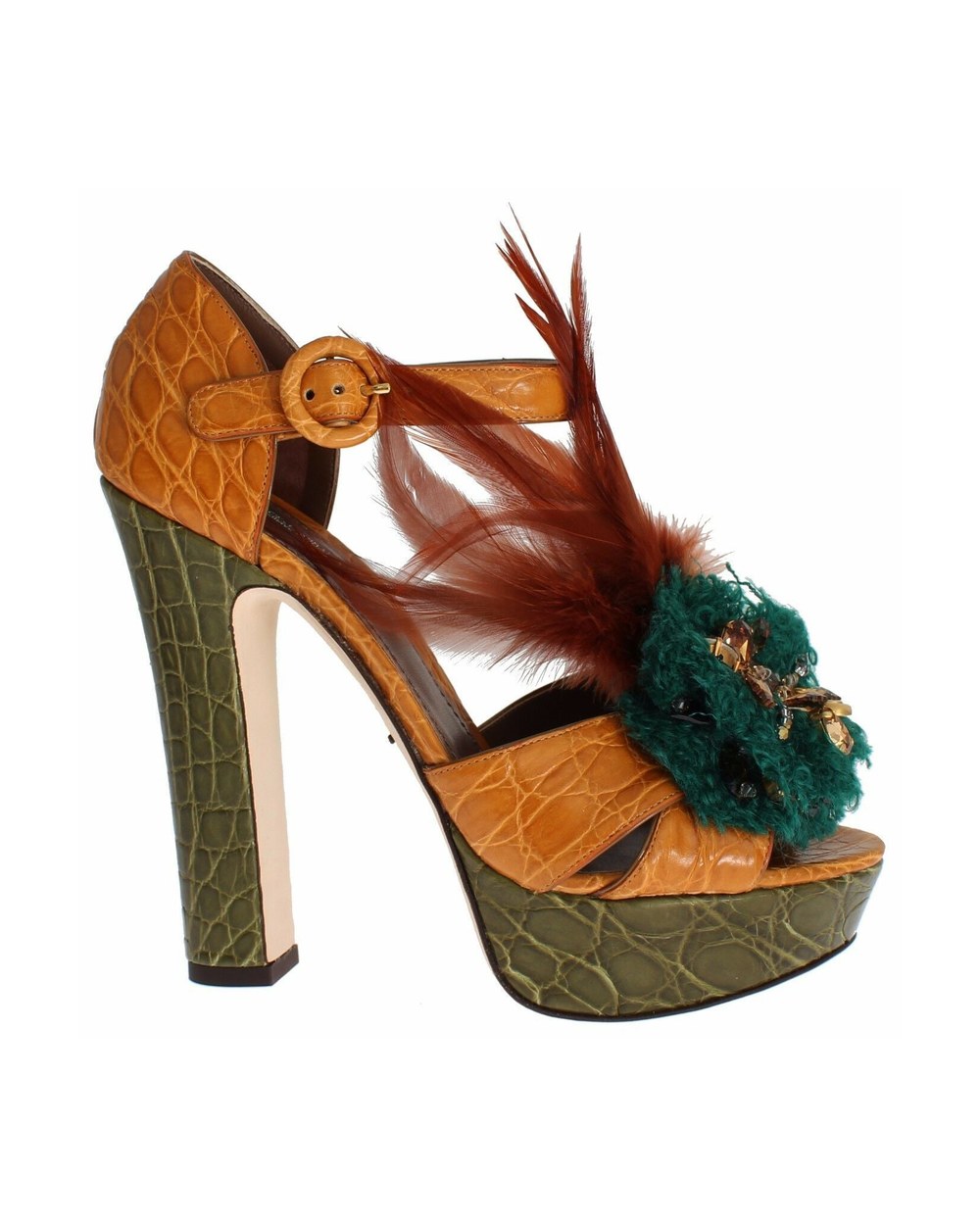 Dolce & Gabbana Orange Leather Crystal Platform Sandal Shoes