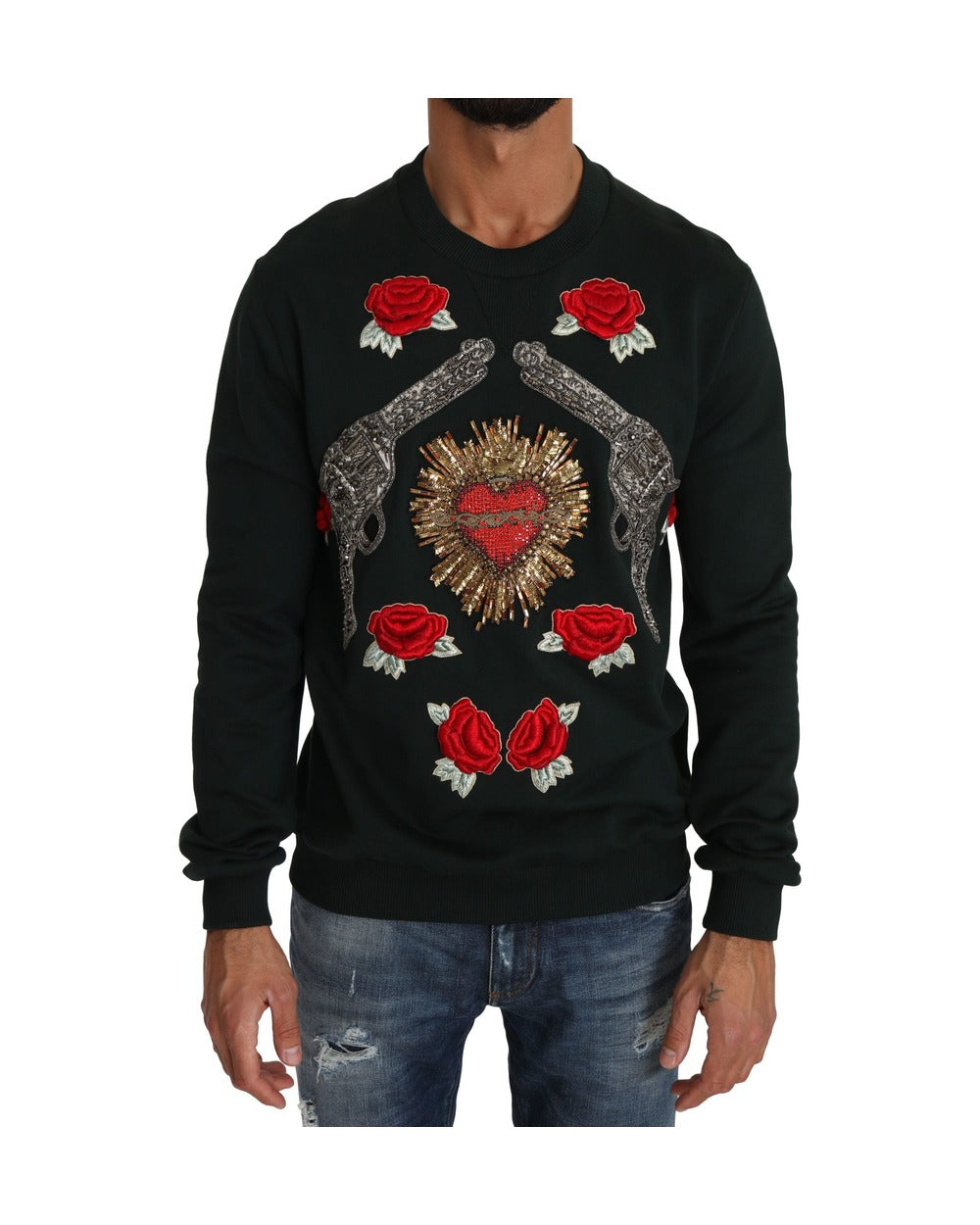 Dolce & Gabbana Green Crystal Heart Roses Gun Sweater