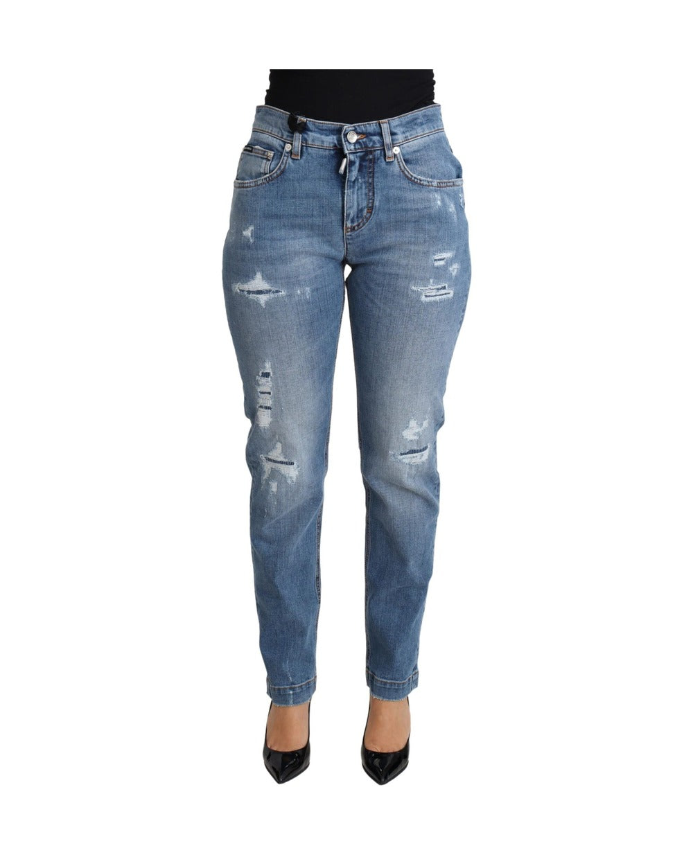 Dolce & Gabbana Blue Tattered Skinny Denim Cotton Blend Jeans