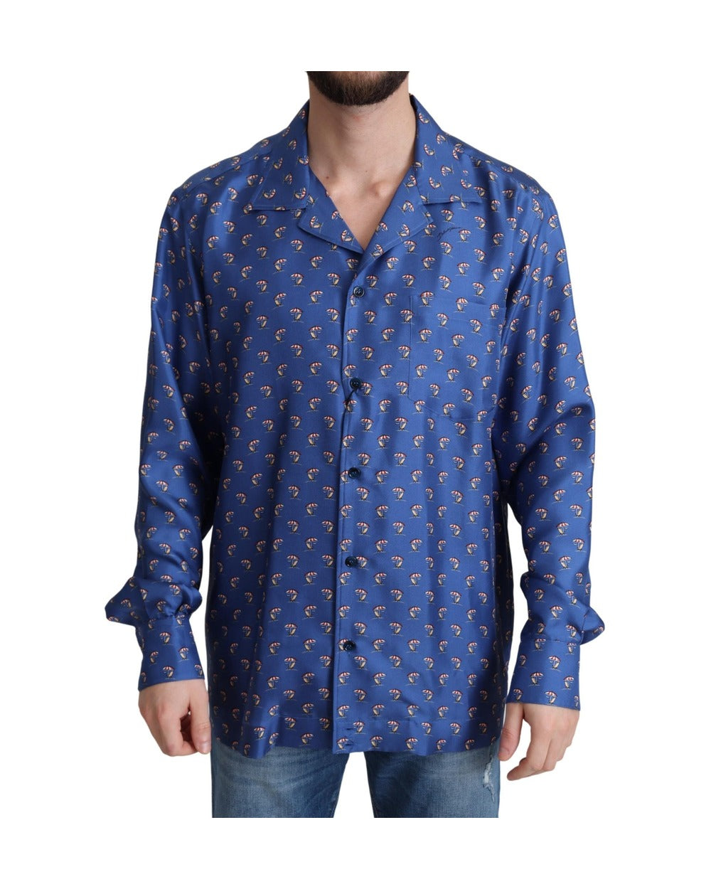 Dolce & Gabbana Blue Beach Chair Umbrella Print Silk Shirt
