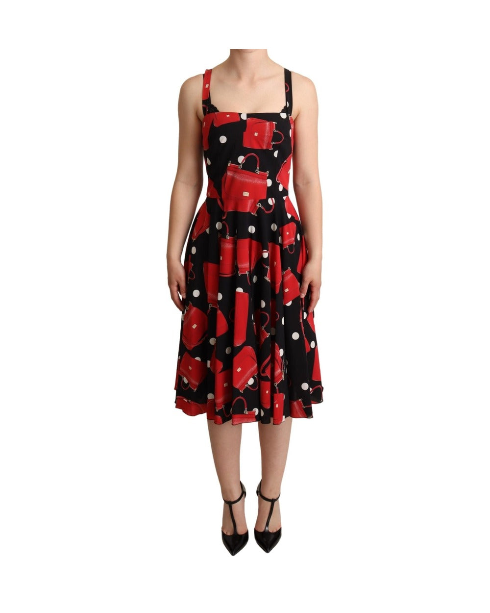Dolce & Gabbana Black Red Bag Print A-line Mid Length Dress