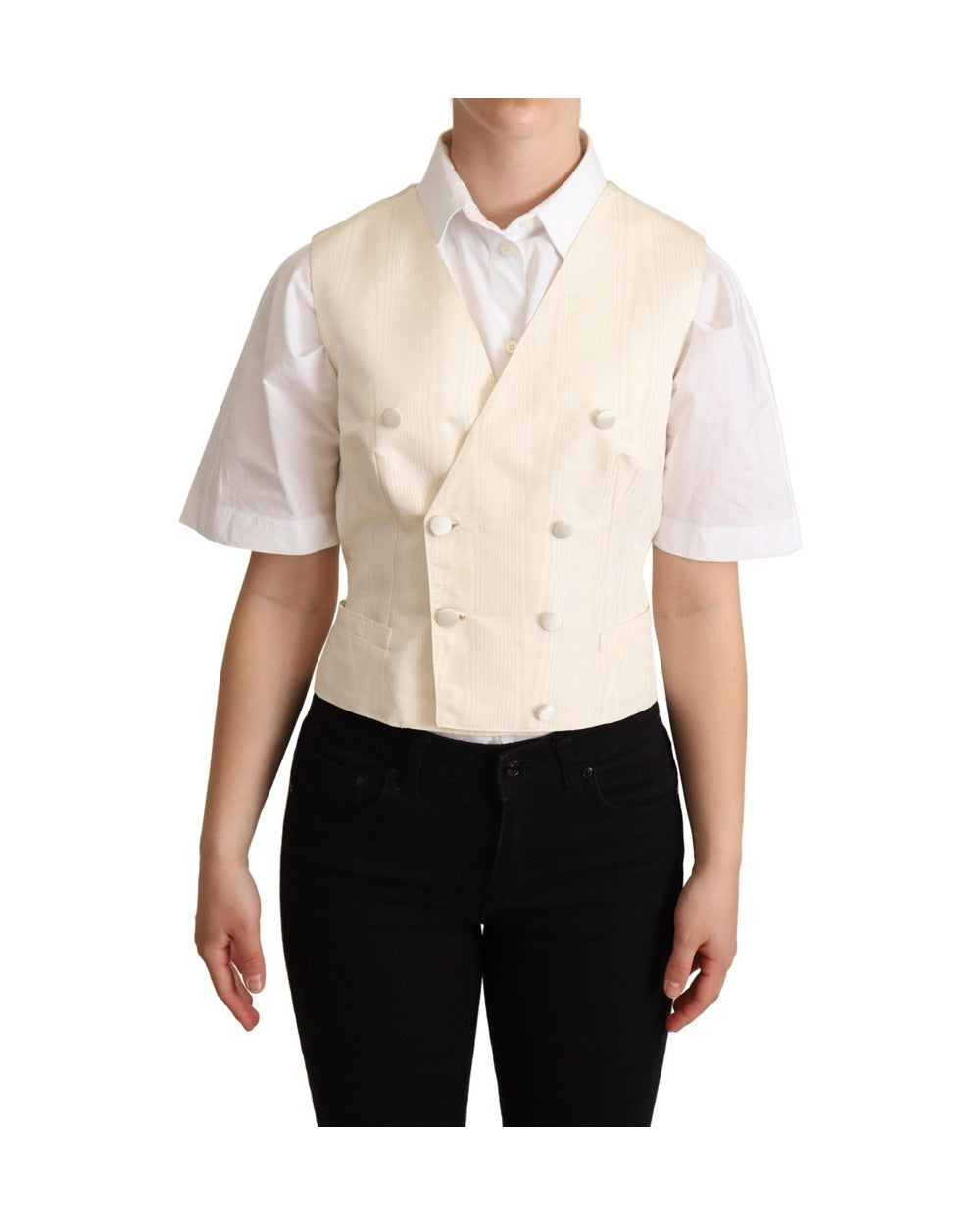 Dolce & Gabbana Beige Silk Sleeveless Waistcoat Vest