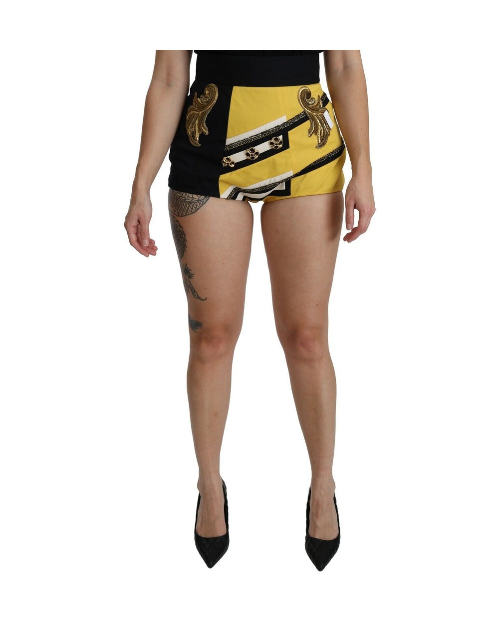 Dolce & Gabbana Yellow Black Cotton Jewelled Hot Pants Shorts