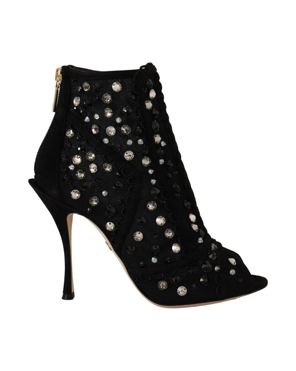 Dolce & Gabbana Black Crystals Heels Zipper Short Boots Shoes