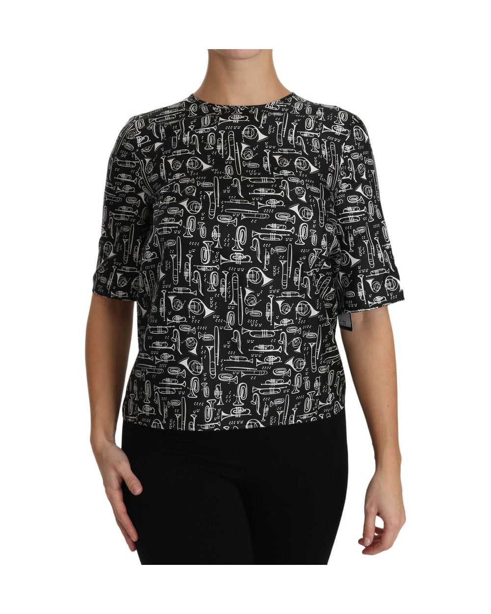 Dolce & Gabbana Black Musical Instruments Print Silk Blouse