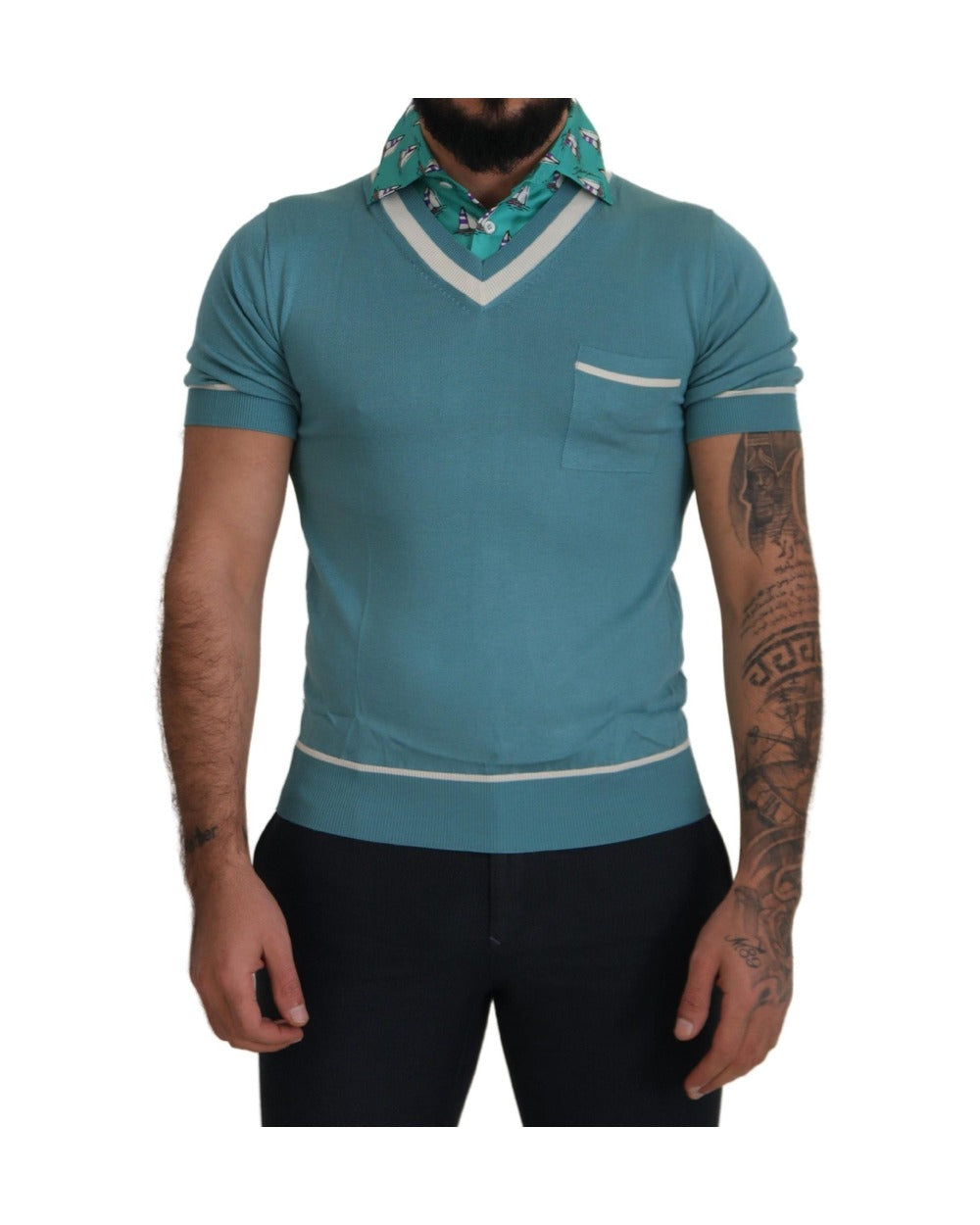 Dolce & Gabbana Blue Silk Polo Top Mens V-neck T-shirt