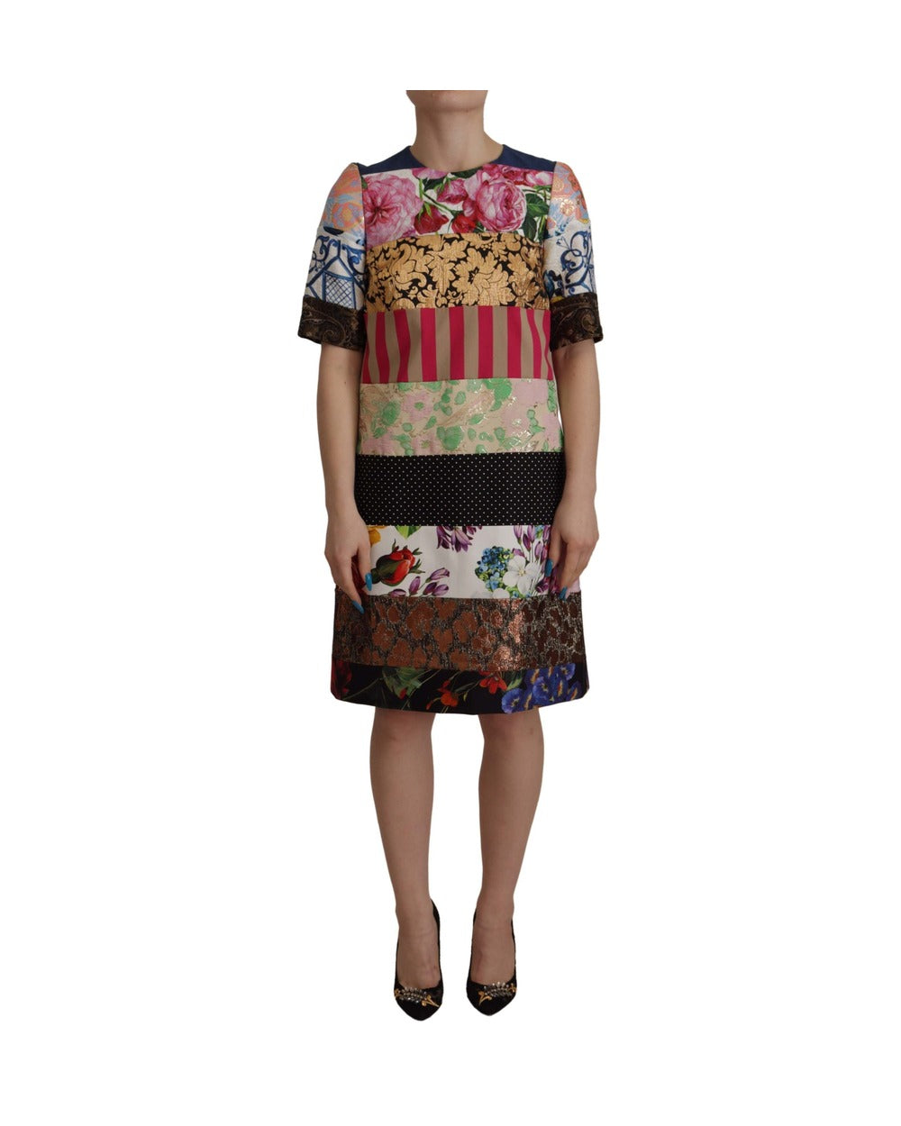 Dolce & Gabbana Multicolor Pachwork Floral Sheath Jaquard Mini Gown Dress