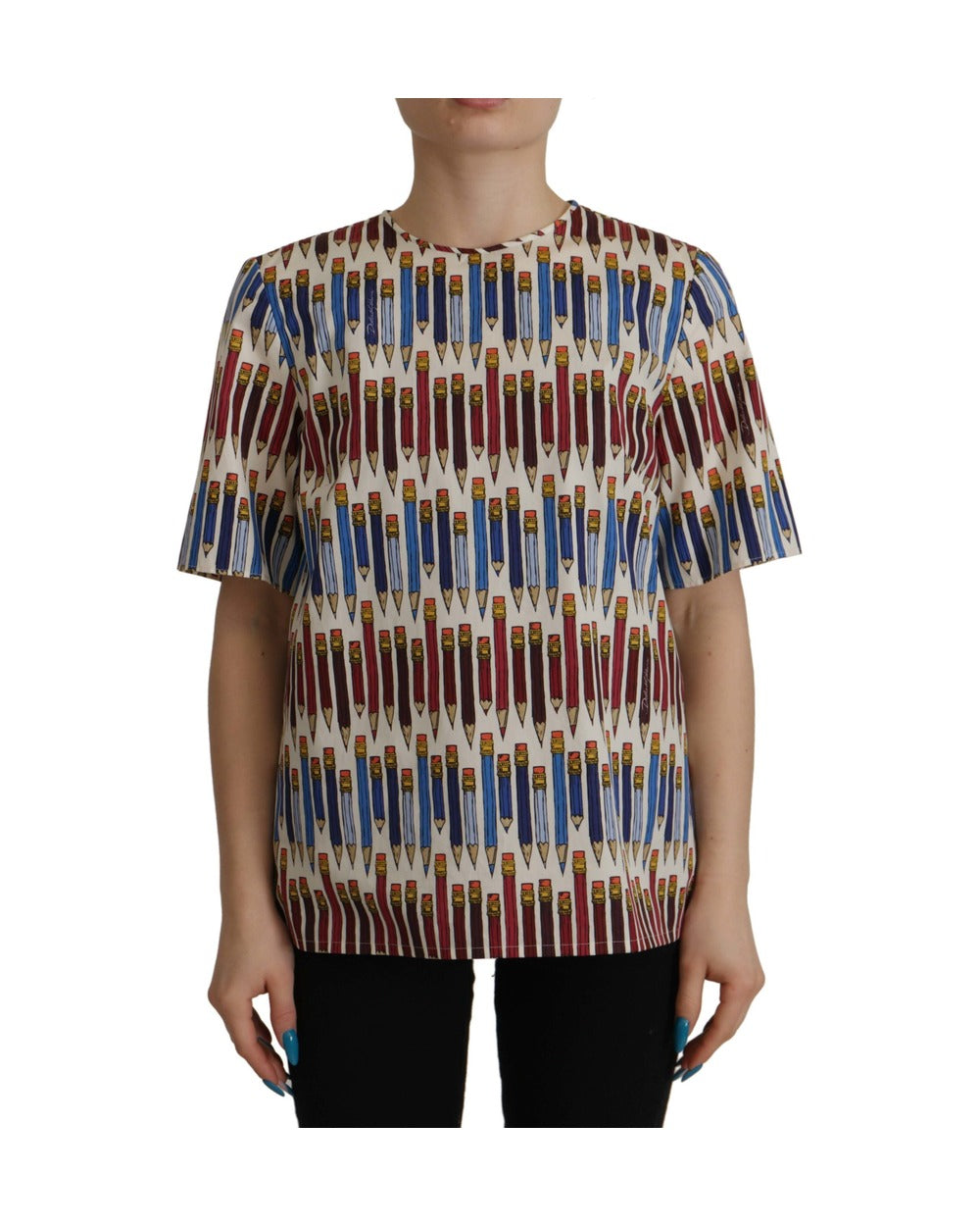 Dolce & Gabbana White Pencil Print Cotton T-shirt Blouse