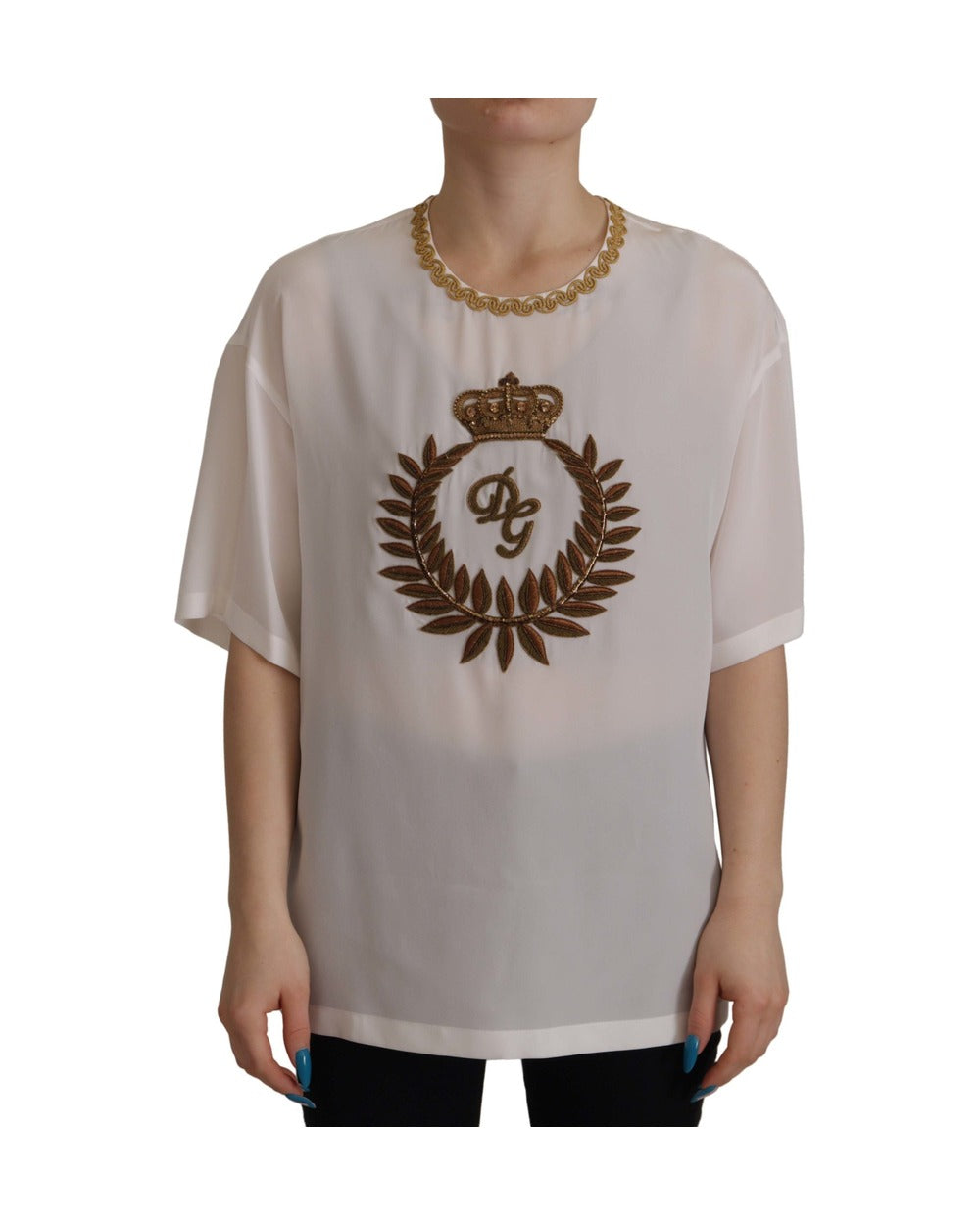 Dolce & Gabbana White Silk Gold DG Crown Crystal Blouse Top