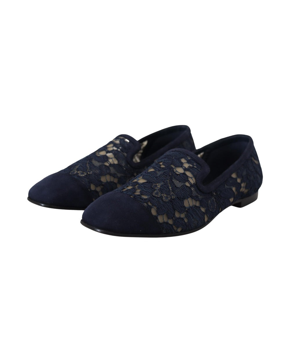 Dolce & Gabbana Blue Floral Lace Slip Ons Loafers Flats Shoes