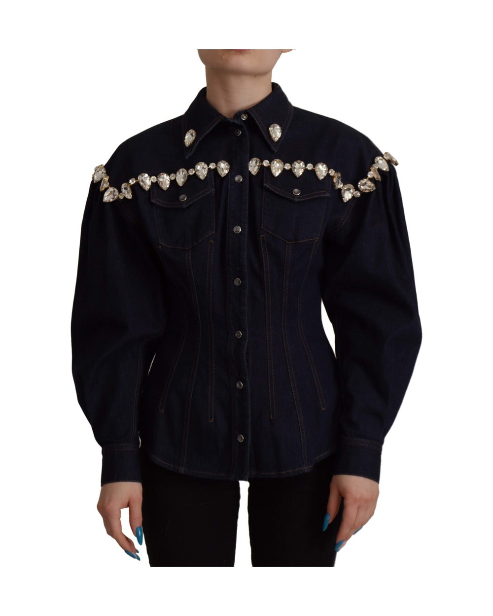 Dolce & Gabbana Blue Denim Crystal Embellish Cotton Jacket
