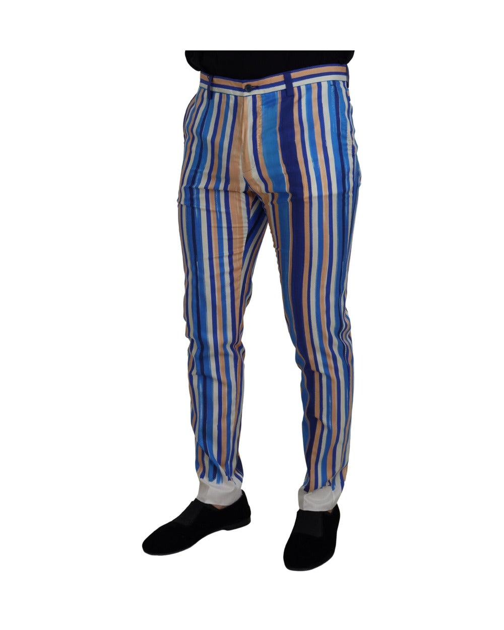 Dolce & Gabbana Blue Striped Silk Cotton Slim Trousers Pants