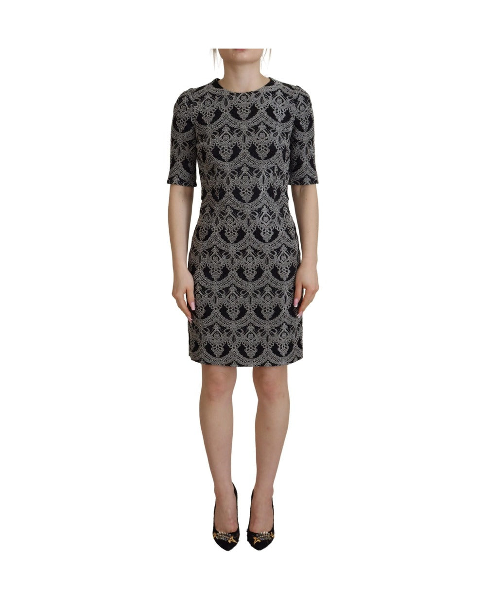 Dolce & Gabbana Black Gray Jacquard Sheath Bodycon Dress
