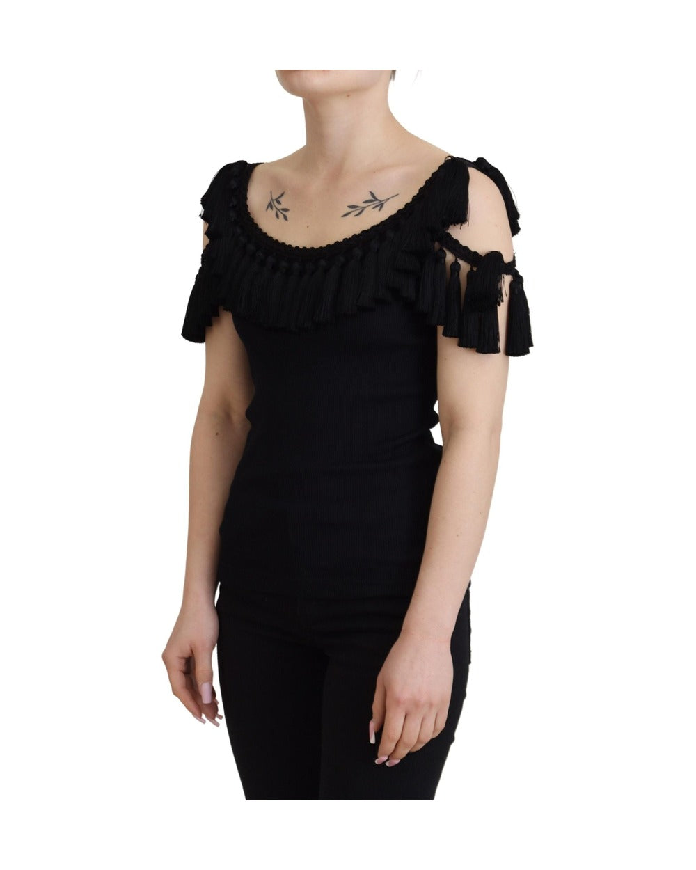 Dolce & Gabbana Black Tank Top Blouse Tassle Cotton Blouse