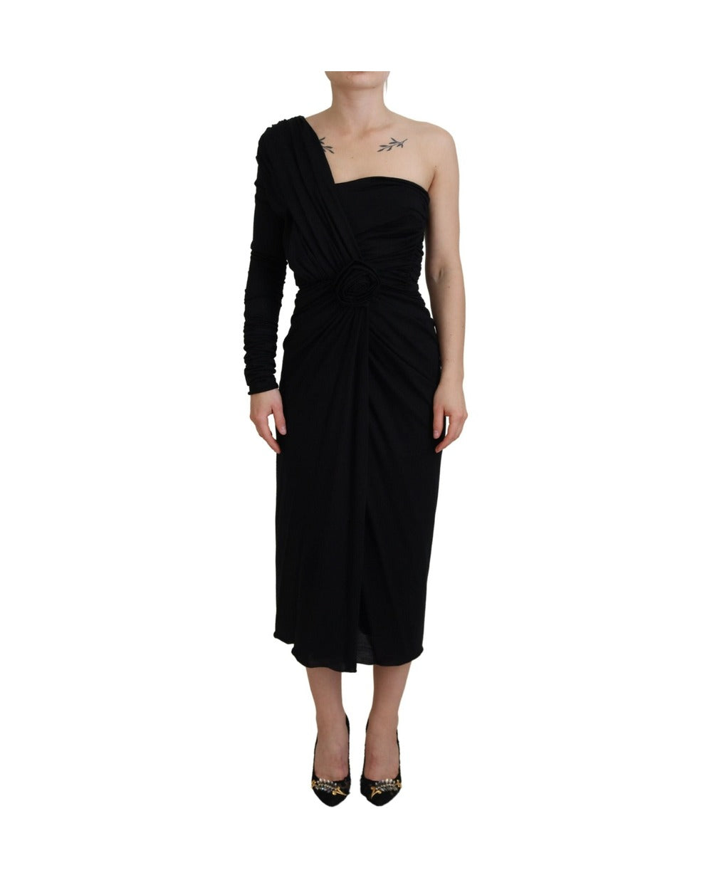 Dolce & Gabbana Black Wrap Sheath One Shoulder Wool Dress