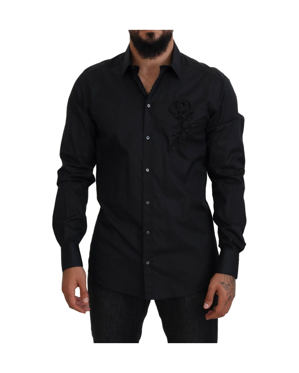 Dolce & Gabbana Black Roses Slim Fit Cotton Shirt