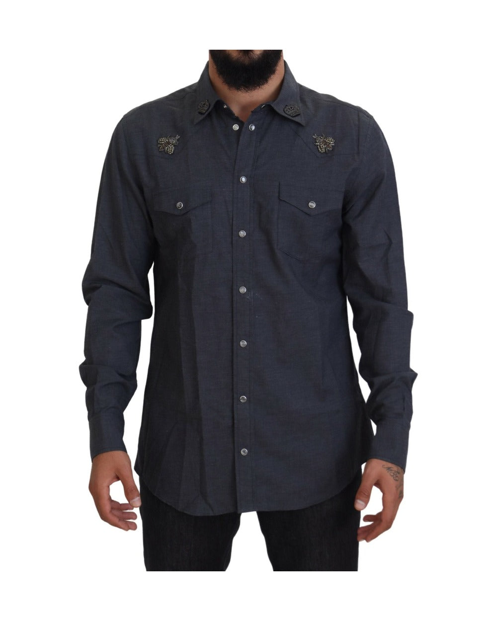 Dolce & Gabbana Blue Cotton Denim Crystal Bee Shirt