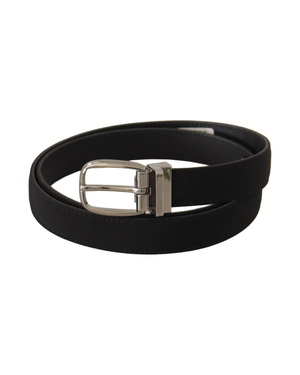 Dolce & Gabbana Black Calf Canvas Silver Tone Logo Metal Belt