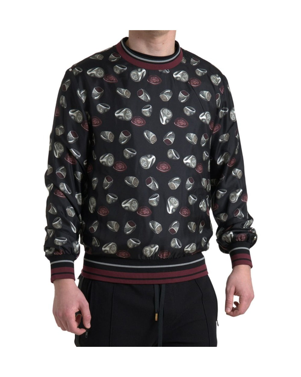 Dolce & Gabbana Black Ring Print Silk Crewneck Sweater