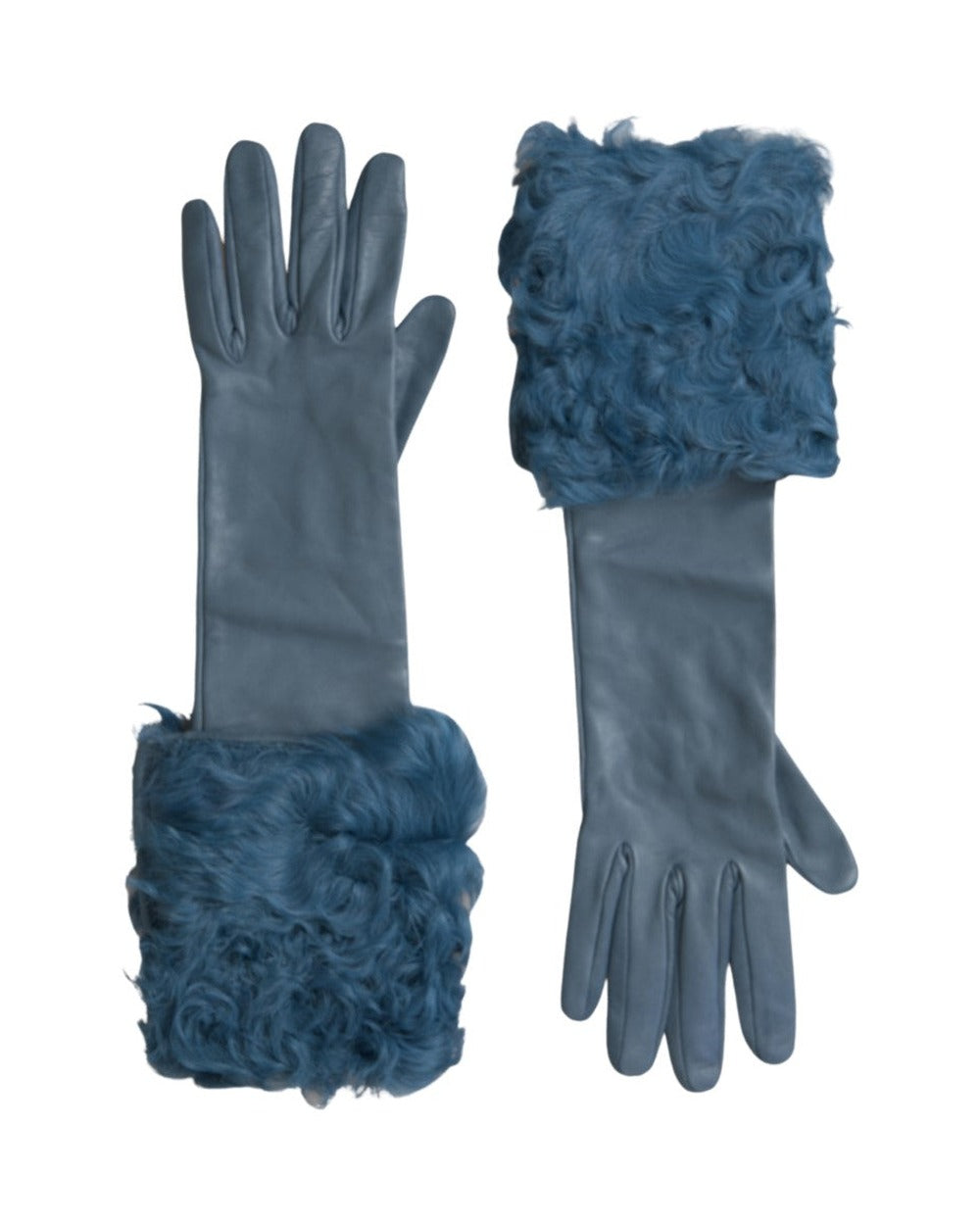 Dolce & Gabbana Blue Leather Fur Mid Arm Length Gloves