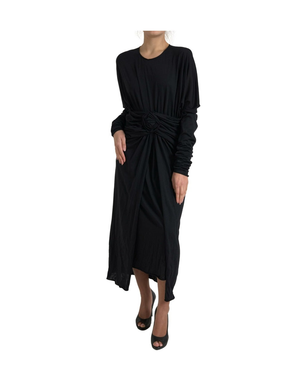 Dolce & Gabbana Black Wool Wrap Sheath Midi Gown Dress