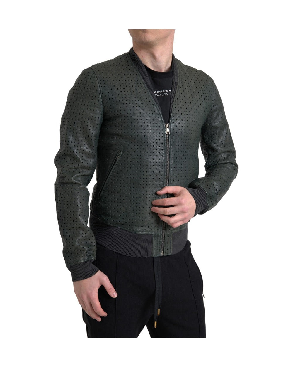 Dolce & Gabbana Green Perforated Leather Bomber Jacket