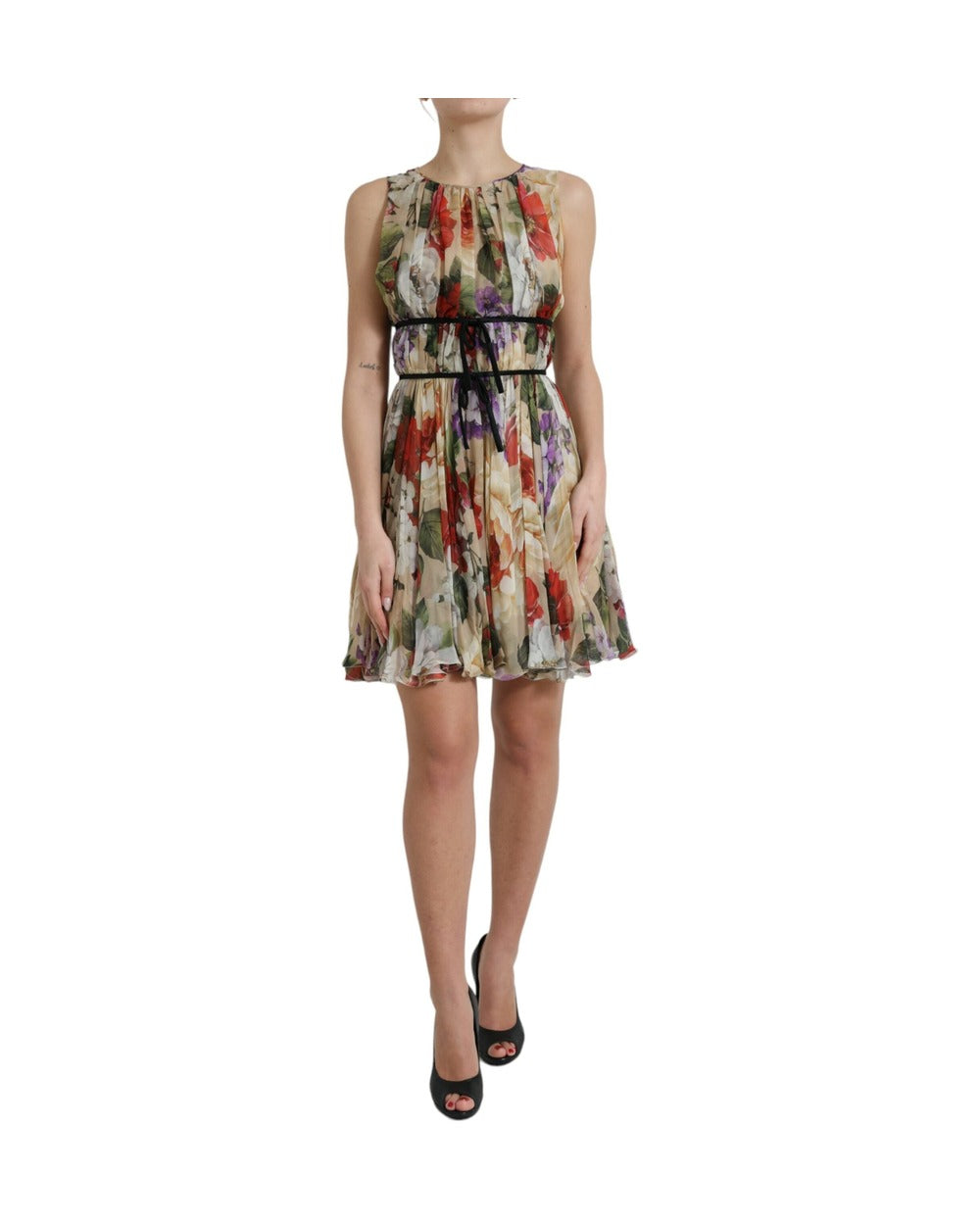 Dolce & Gabbana Beige Floral Sleeveless A-line Mini Dress