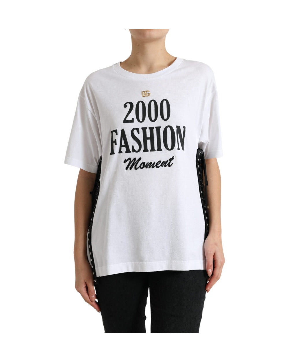 Dolce & Gabbana White Slogan Print Lacing Detailed T-shirt
