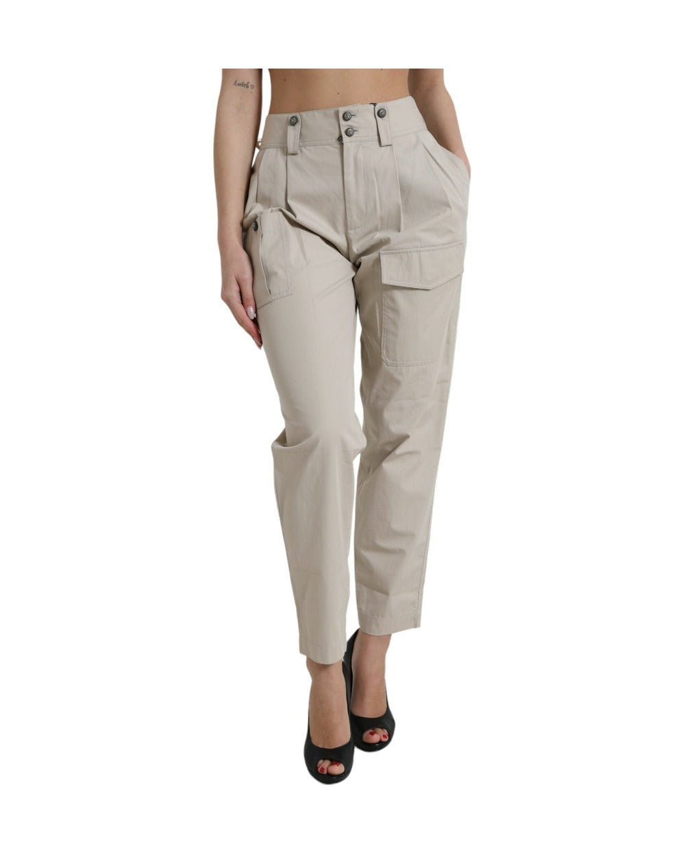 Dolce & Gabbana Beige Cotton High Waist Tapered Pants