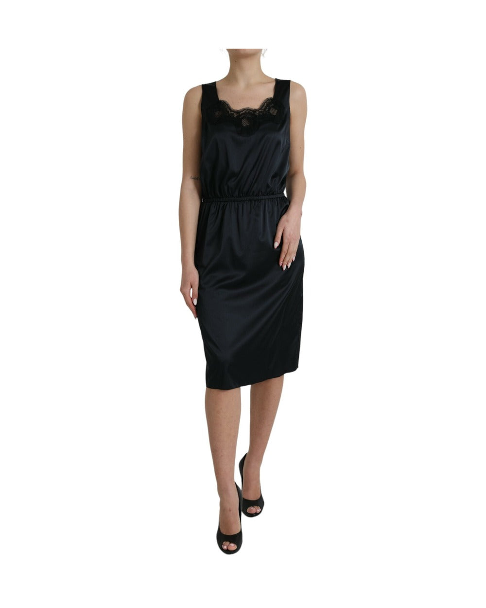Dolce & Gabbana Black Polyester Lace Trim Sheath Midi Dress