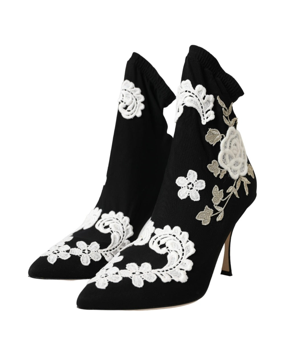 Dolce & Gabbana Black White Embroidery Slip On Boots Shoes