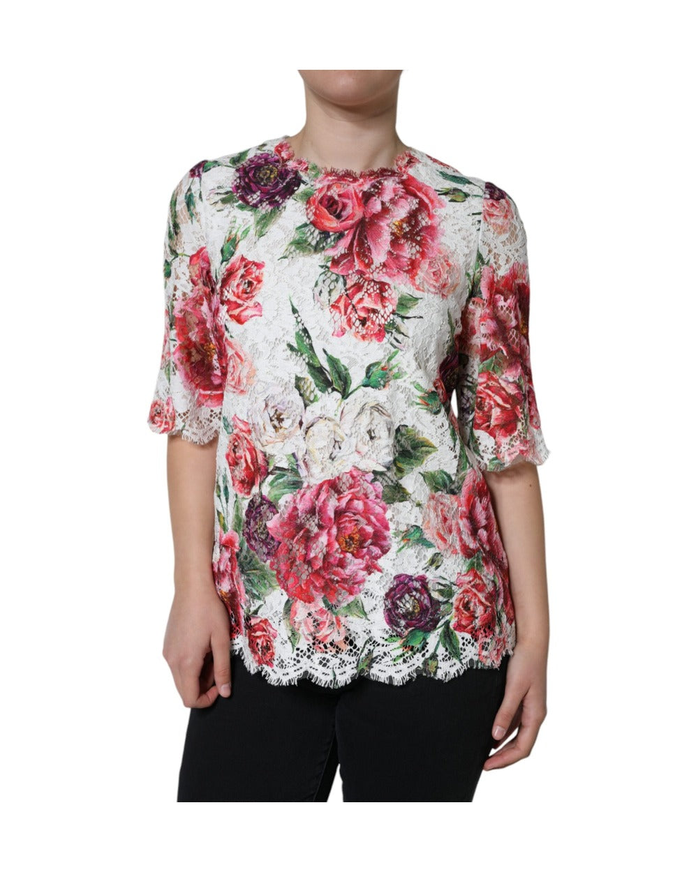 Dolce & Gabbana White Peony Lace Short Sleeves Blouse Top