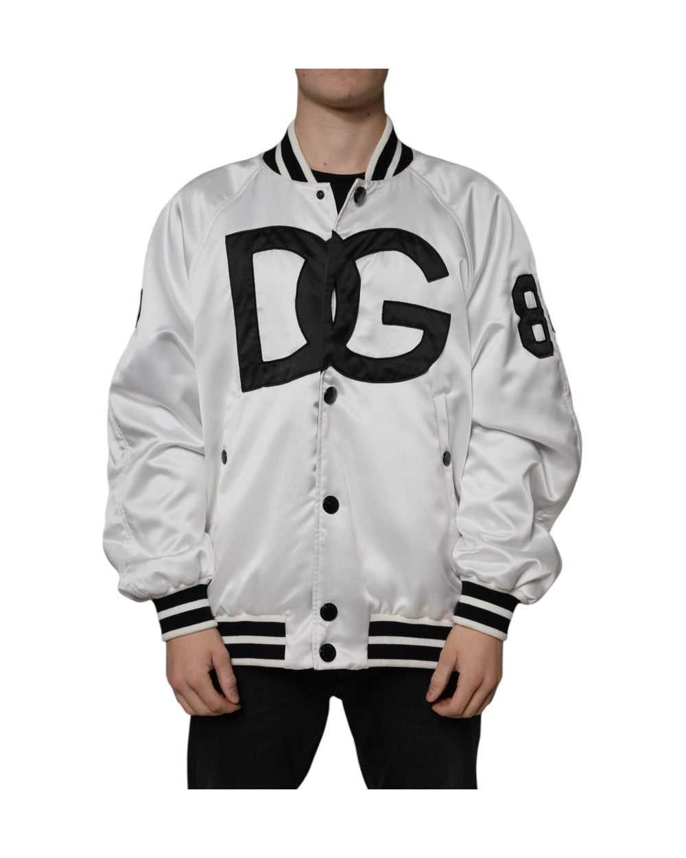 Dolce & Gabbana White Polyester Logo Full Zip Bomber Jacket