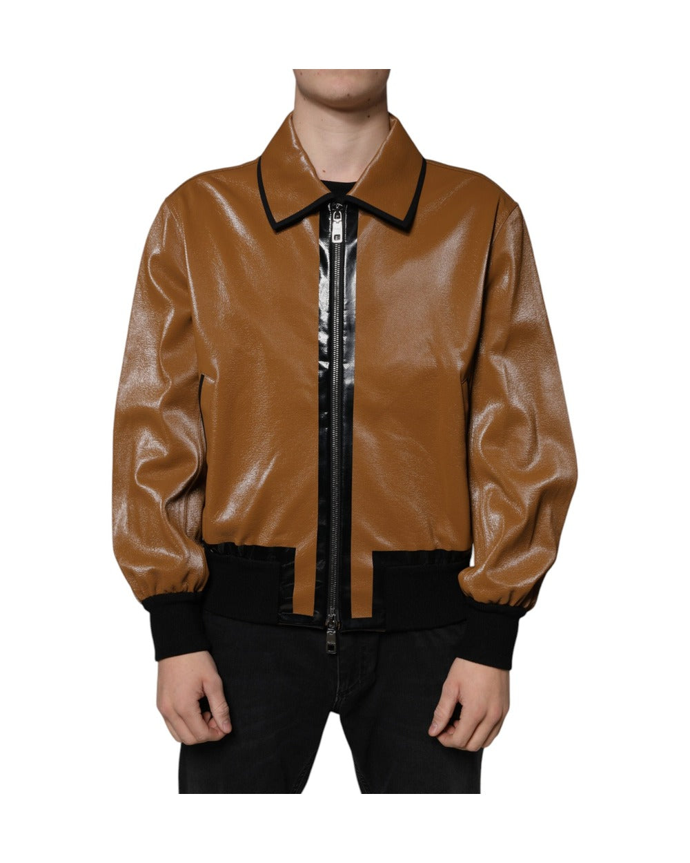Dolce & Gabbana Brown Leather Full Zip Men Bomber Jacket