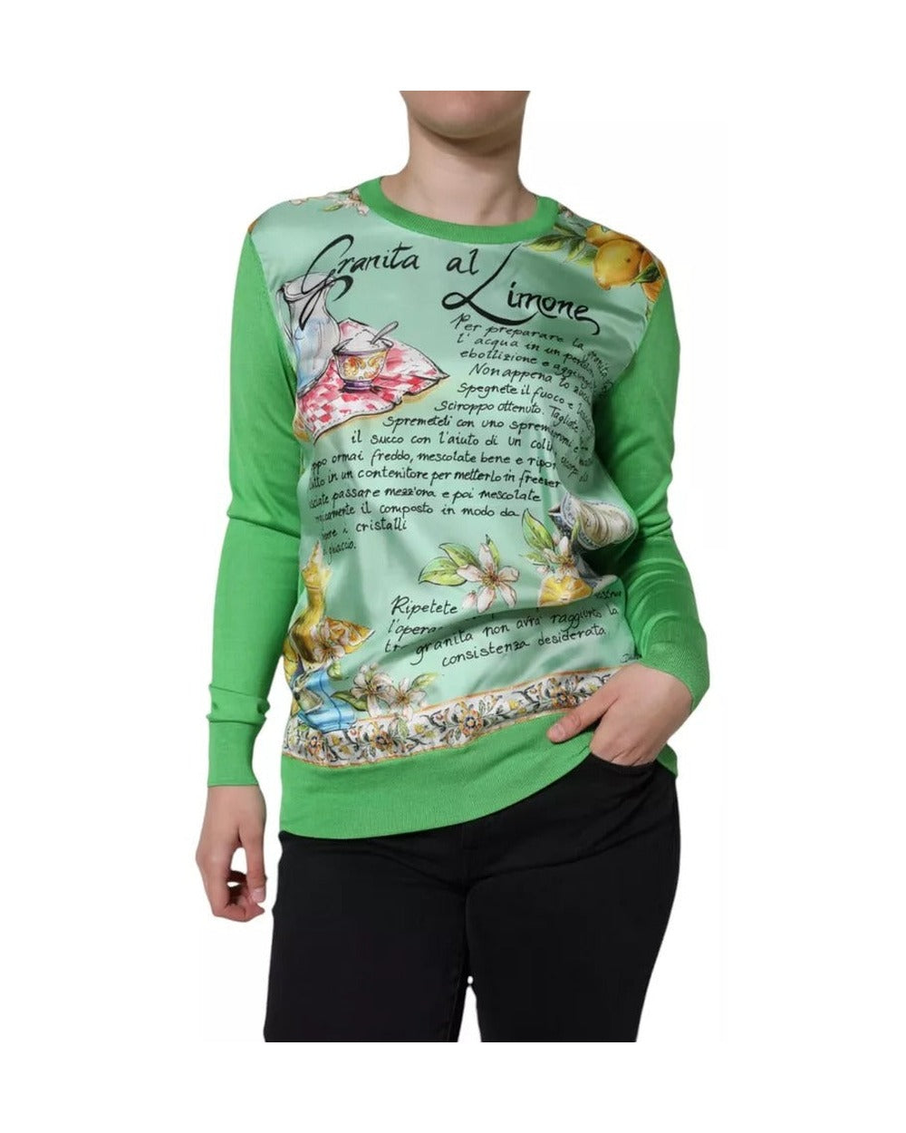 Dolce & Gabbana Green Silk Granita Al Limone Long Sleeves Sweater